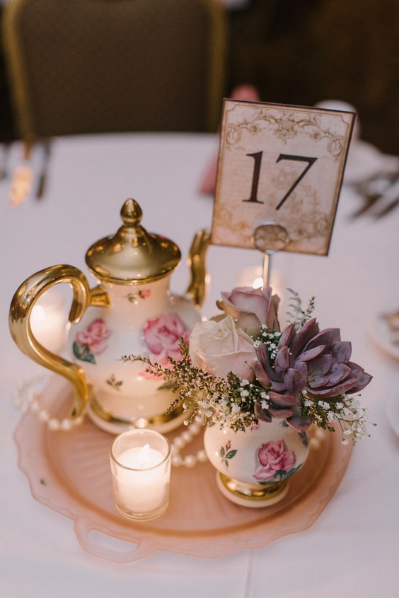 vintage teacup and pearls wedding centerpiece