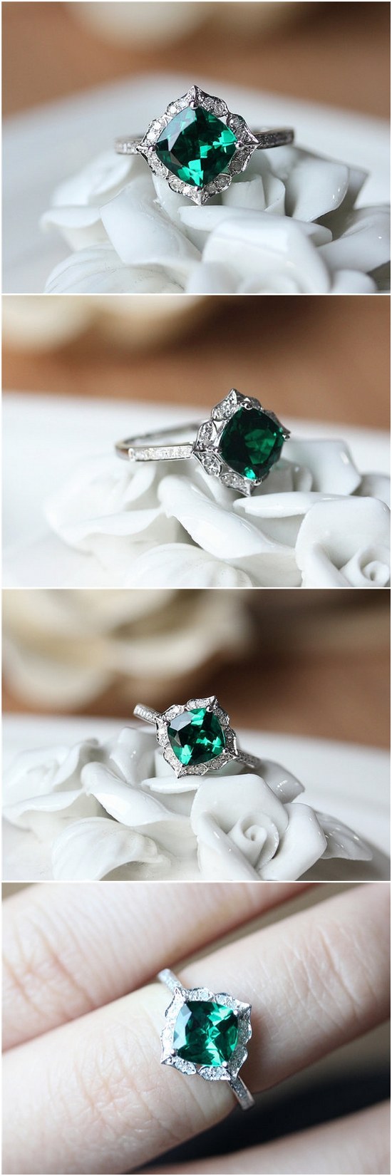 7mm Cushion Cut Emerald Engagement Ring