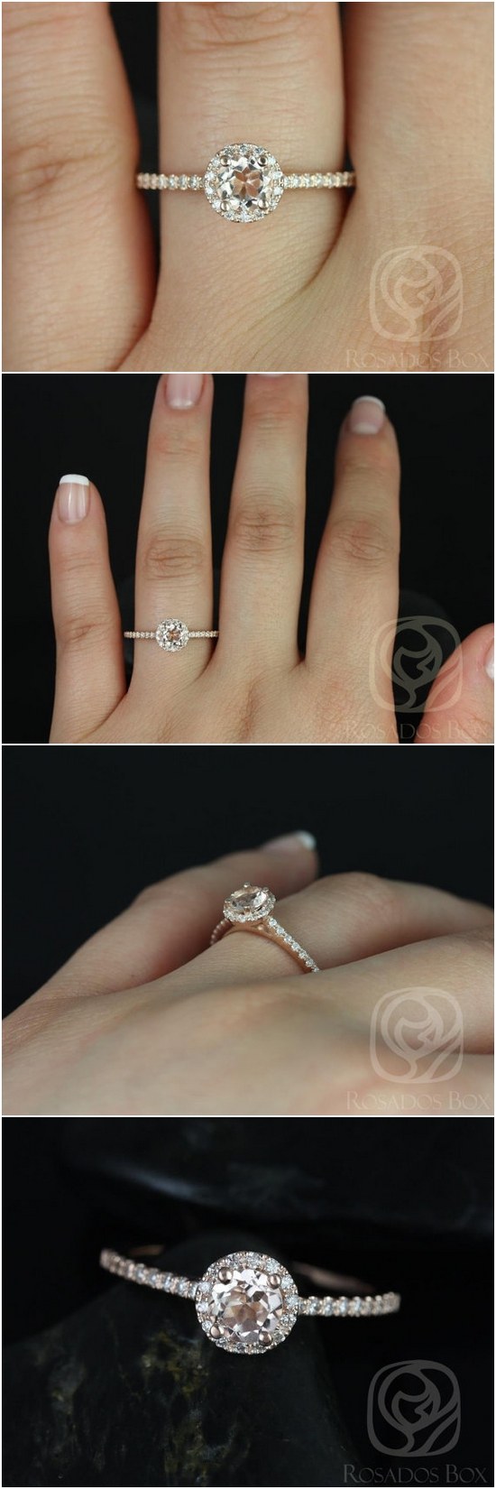 Amanda 5mm 14kt Rose Gold Round Morganite and Diamonds Halo Engagement Ring