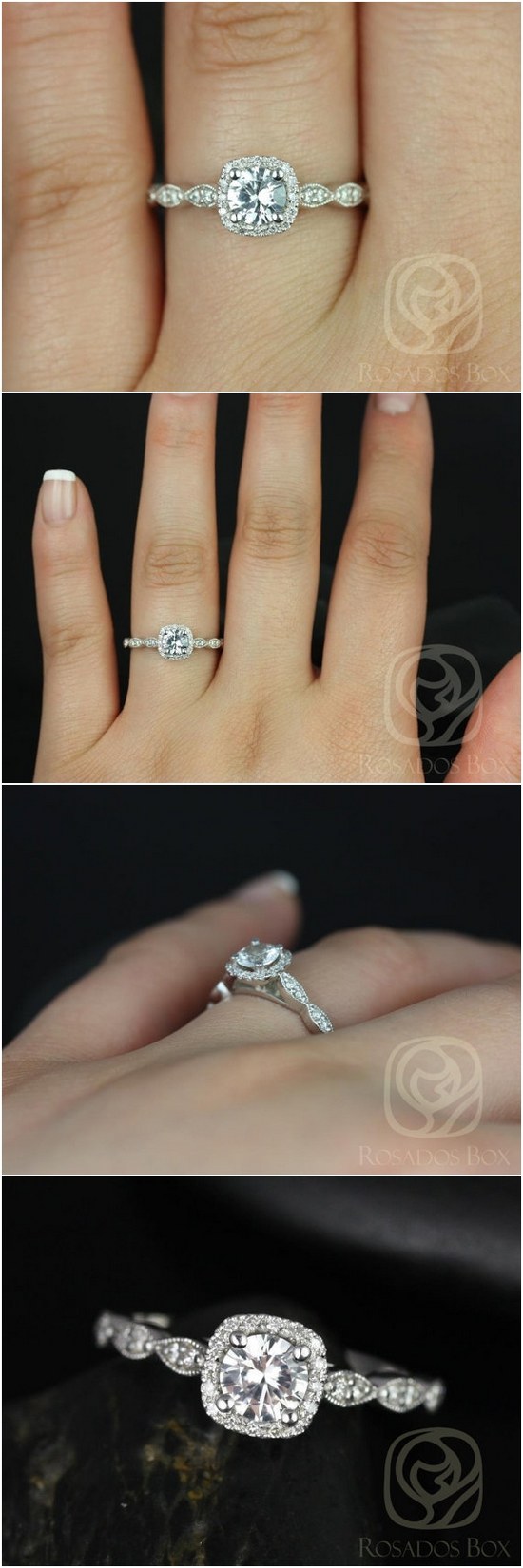 Christie 5mm 14kt Round White Sapphire and Diamonds Cushion Halo WITH Milgrain Engagement Rin