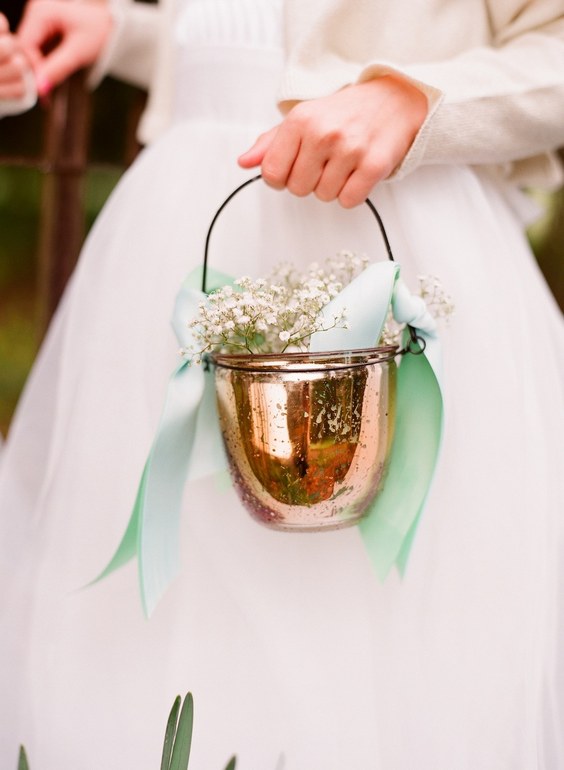 copper flower girl baskets with babys breath