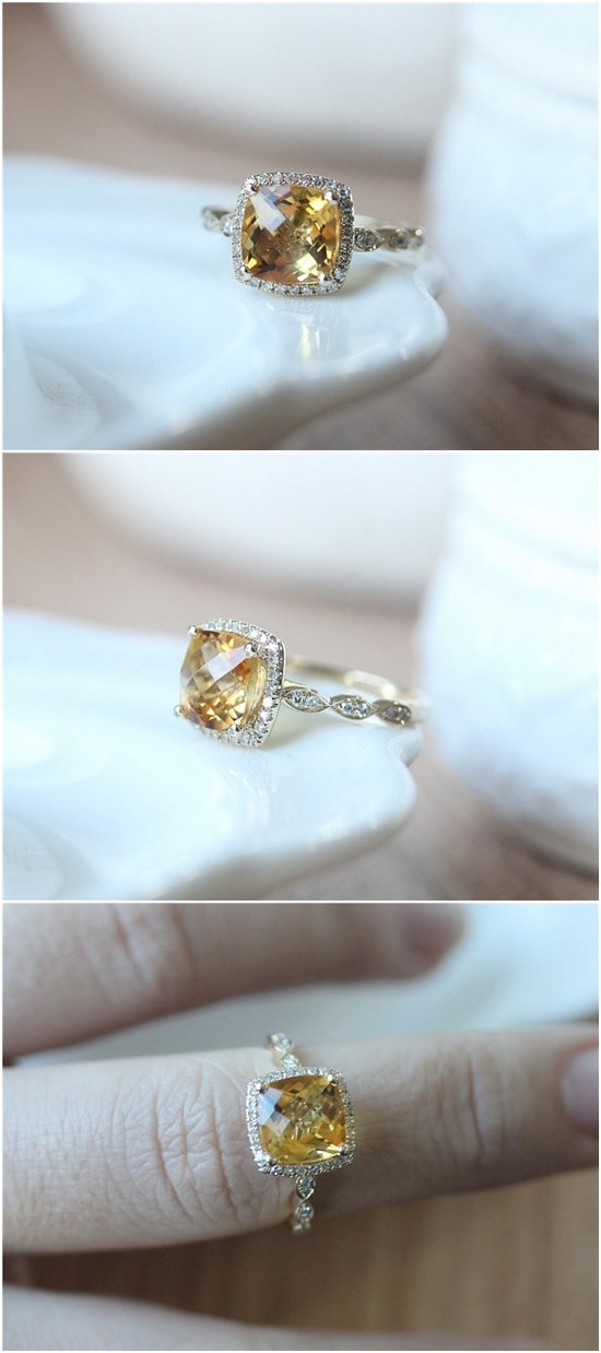 Cushion Cut Citrine Ring 14K Gold Citrine Engagement Ring