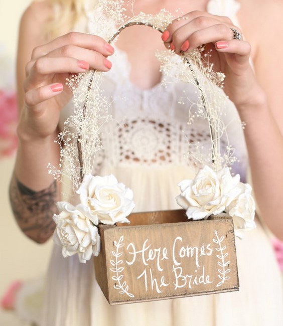 here comes the bride rustic flower girl basket