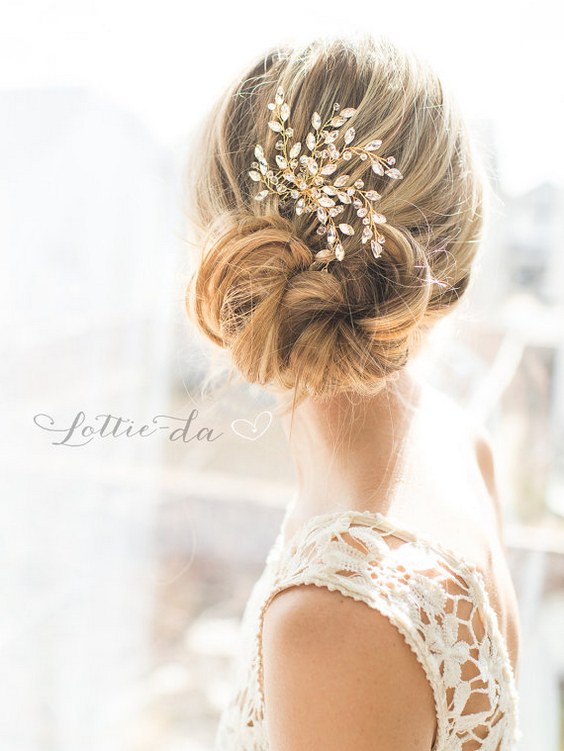 Long Wedding Updo Hairstyle with Boho Gold Flower Leaf Hair Vine Wedding Headpiece