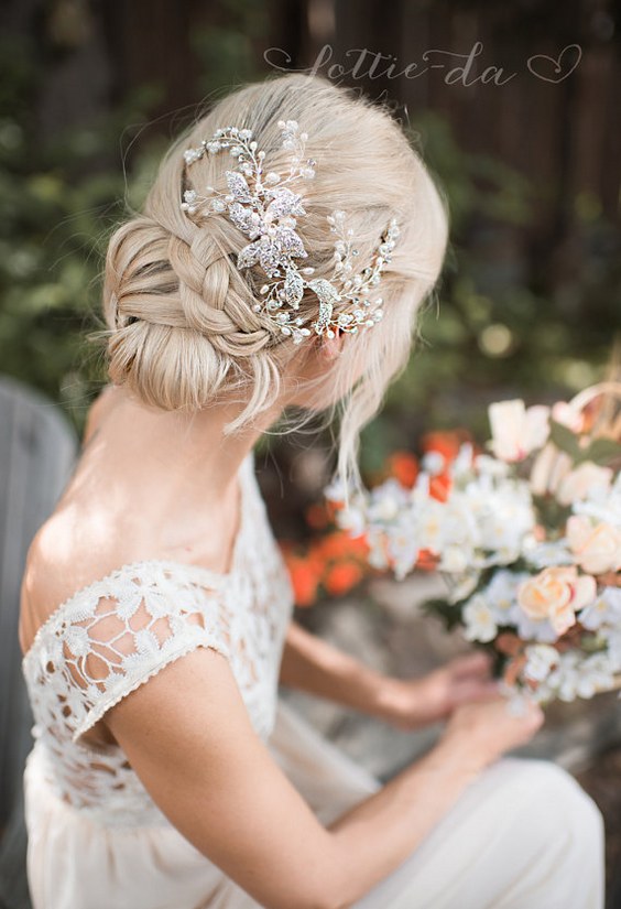 Long Wedding Updo Hairstyle with Boho Silver Flower Leaf Hair Vine Wedding Headpiece