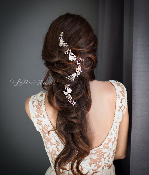 Long wedding hairstyle with Gold and Silver Wire Hair Vine