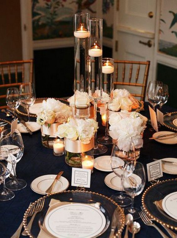 navy blush and gold wedding centerpiece