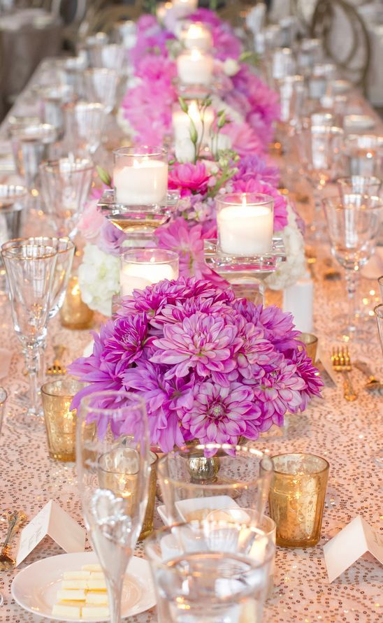 purple wedding reception centerpiece idea via laura jane photography