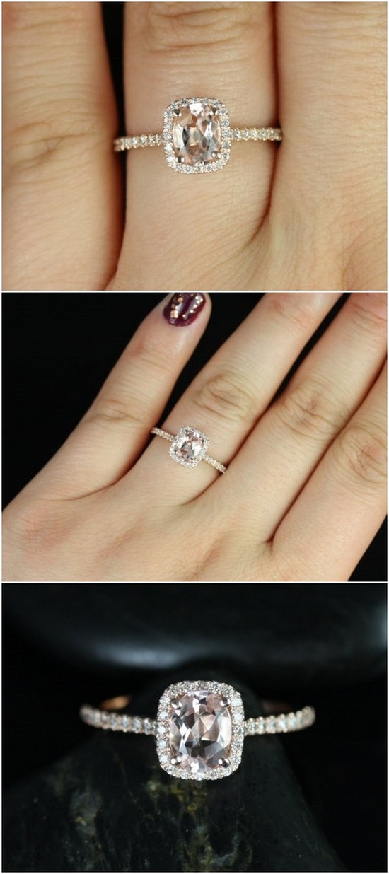 Romani 7x5mm 14kt Rose Gold Morganite and Diamonds Cushion Halo Engagement Ring