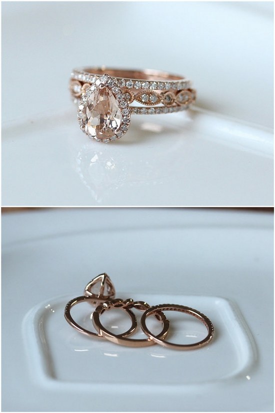 Rose Gold Pear Cut Halo Diamond Morganite Wedding Ring Set