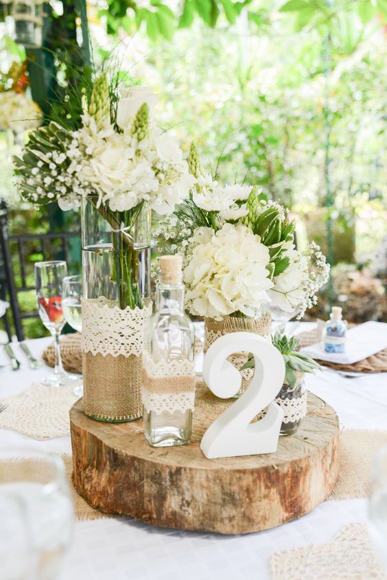 rustic burlap and lace wedding centerpieces via diana zuleta