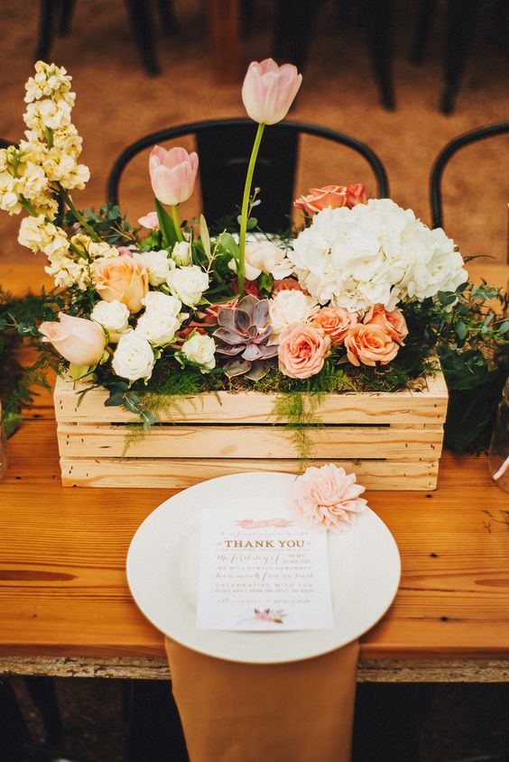 rustic tulip rose and succulent wedding centerpiece via two pair photography