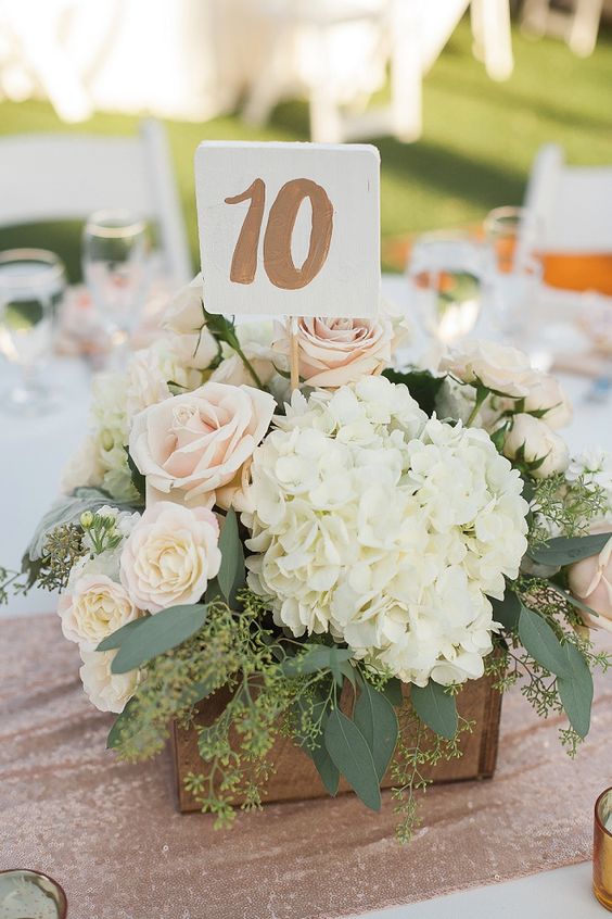 sparkle and bush wedding centerpiece with metallic table numbers via white haute photography