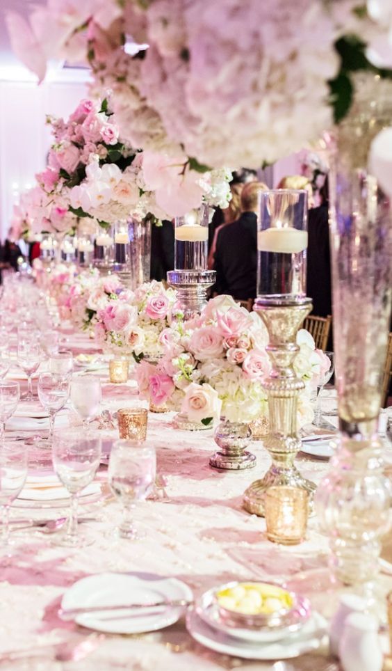 tall pink wedding centerpiece idea via perez photography
