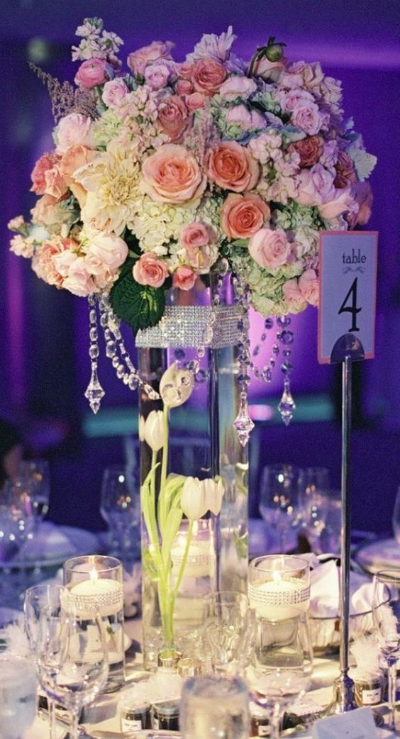 tall wedding reception centerpiece idea via caroline tran photography