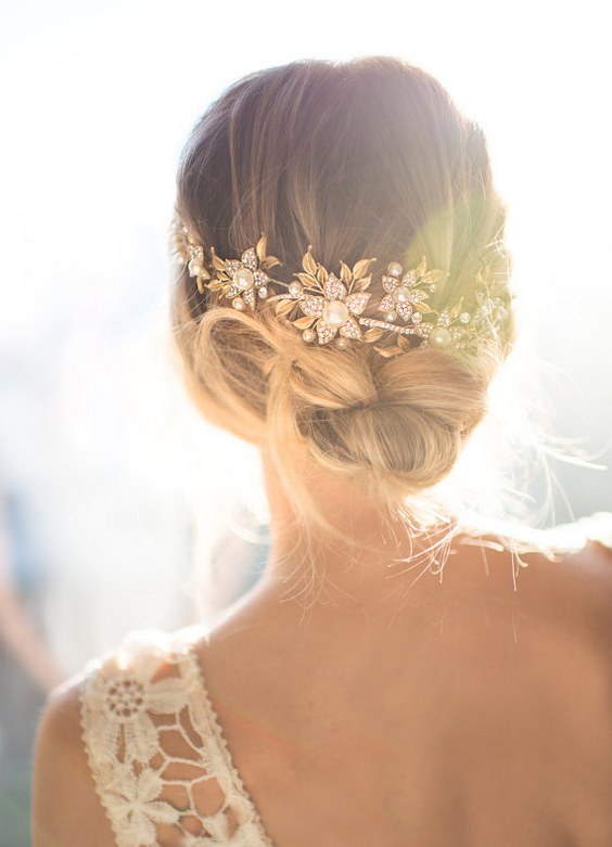 Wedding Updo Hairstyle with Boho Gold Hair Halo Hair Vine