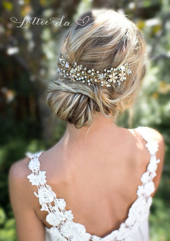Wedding Updo Hairstyle with Boho Gold Halo Hair Vine