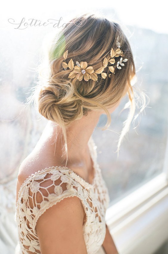 Wedding Updo Hairstyle with Boho Gold Silver Flower headband
