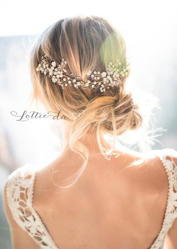 Wedding Updo Hairstyle with Bridal Pearl Flower Hair Crown