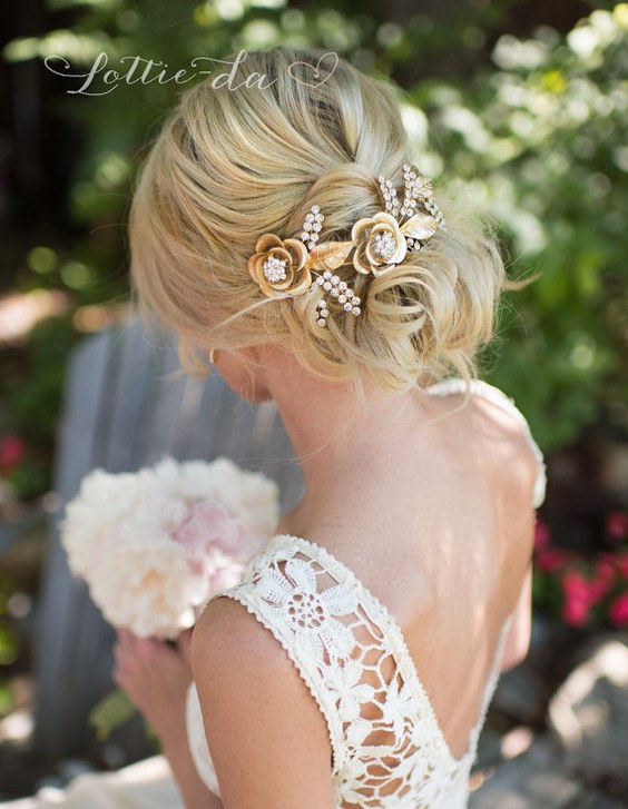 Wedding Updo Hairstyle with Grecian Gold Hair Wreath