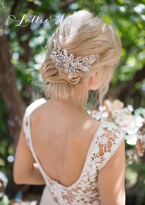 Wedding Updo Hairstyle with Opal Flower Hair Crown