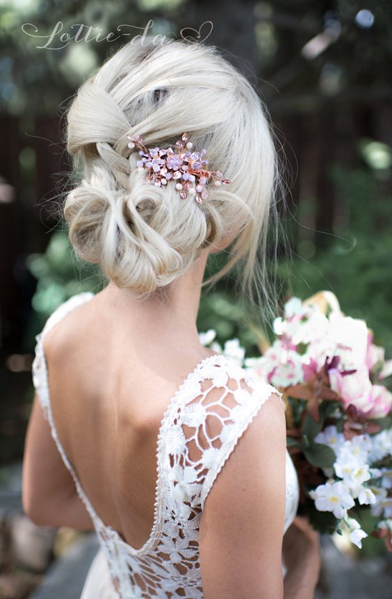 Wedding Updo Hairstyle with Rose Gold Blush Pink Peach Boho Hair Vine