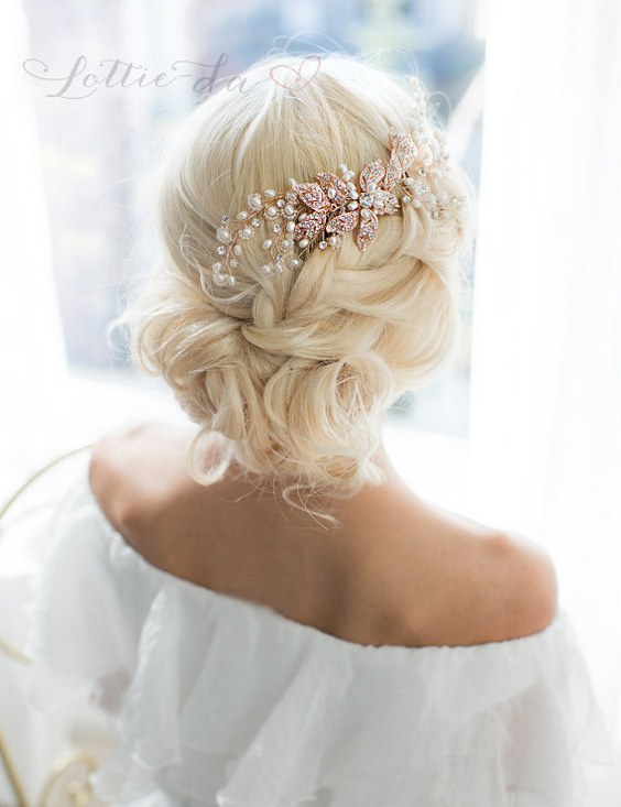 Wedding Updo Hairstyle with Rose Gold Leaf Hair Vine Wedding Headpiece