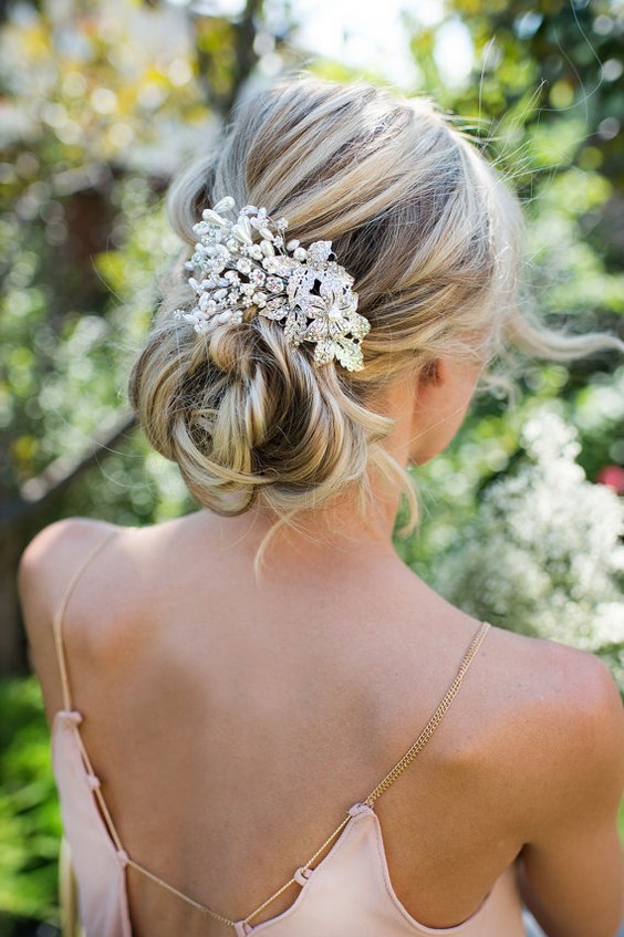Wedding Updo Hairstyle with Vintage Style Flower Leaf Pearl Hair Comb
