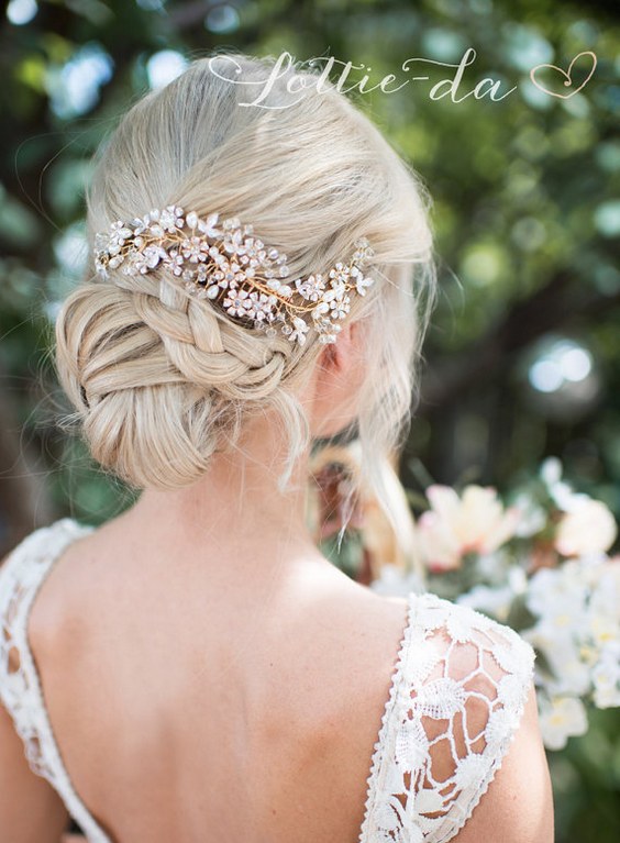 Wedding Updo with Boho Gold Flower Leaf Hair Vine Bridal Hair comb
