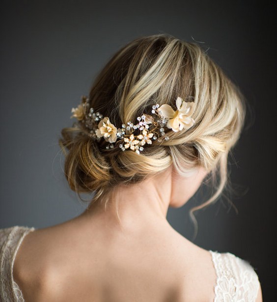 Wedding Updo with Boho Gold Halo Hair Crown