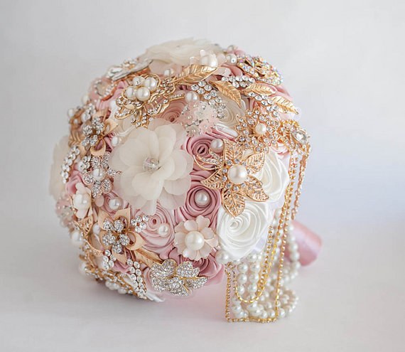 White and Gold wedding brooch bouquet