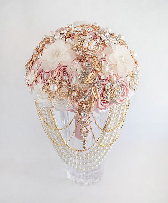 White and Gold wedding brooch bouquet