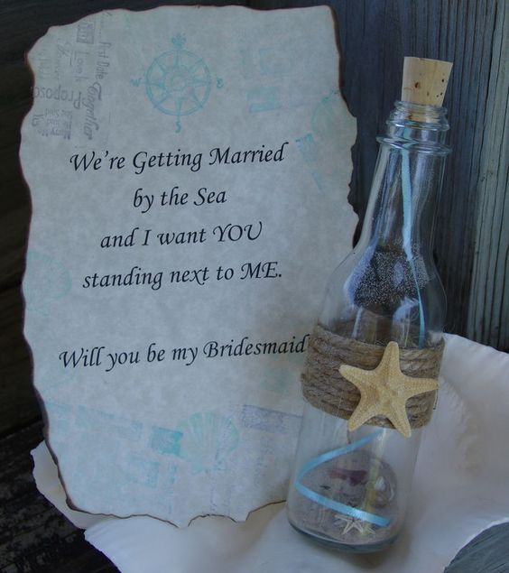 40 Fun and Easy Beach Wedding Ideas for 2024 17 will you be my bridesmaid maid of honor flower girl message in a bottle