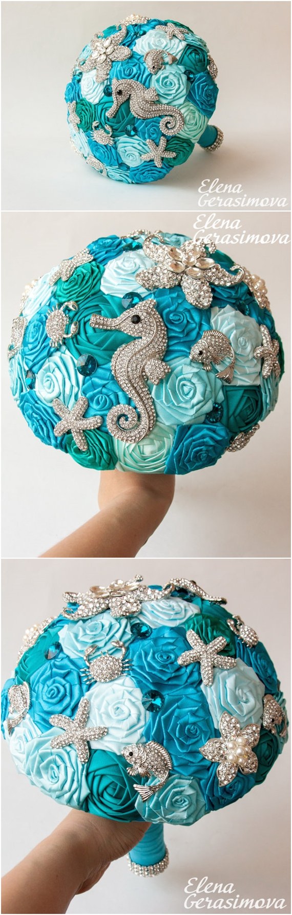 beach shell blue brooch wedding bouquet