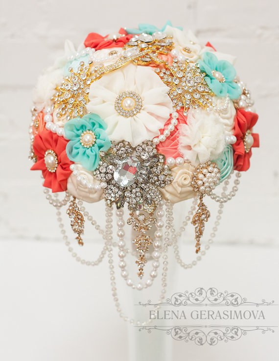 gold ivory mint coral fabric wedding bouquet
