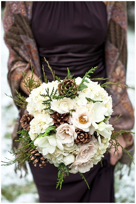 rustic winter pine cones wedding bouquet