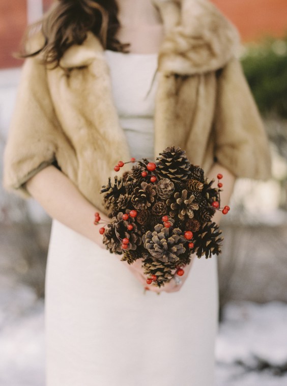rustic winter pinecones wedding bouquet