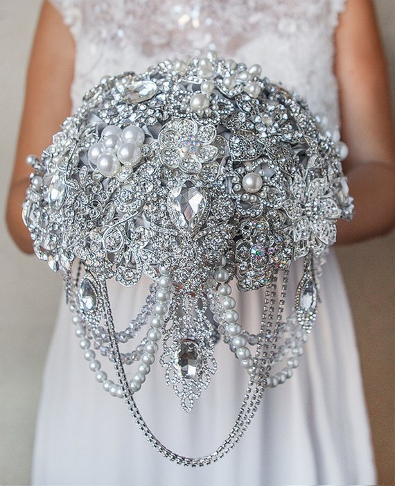 silver cascading brooch wedding bouquet