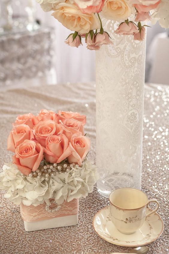 vintage lace and roses wedding centerpiece