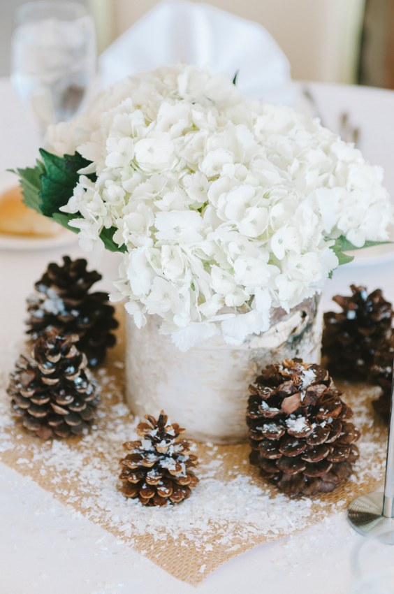 winter hydrangea and pinecone wedding centerpiece