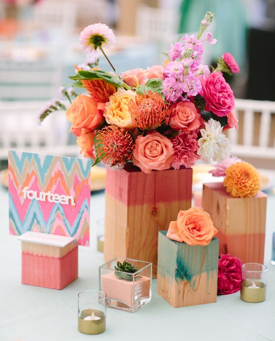 wood block bohemian wedding centerpieces via joielala