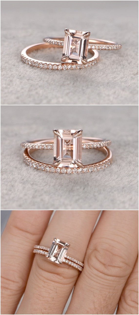 2pc 6x8mm Morganite Engagement ring set Rose gold