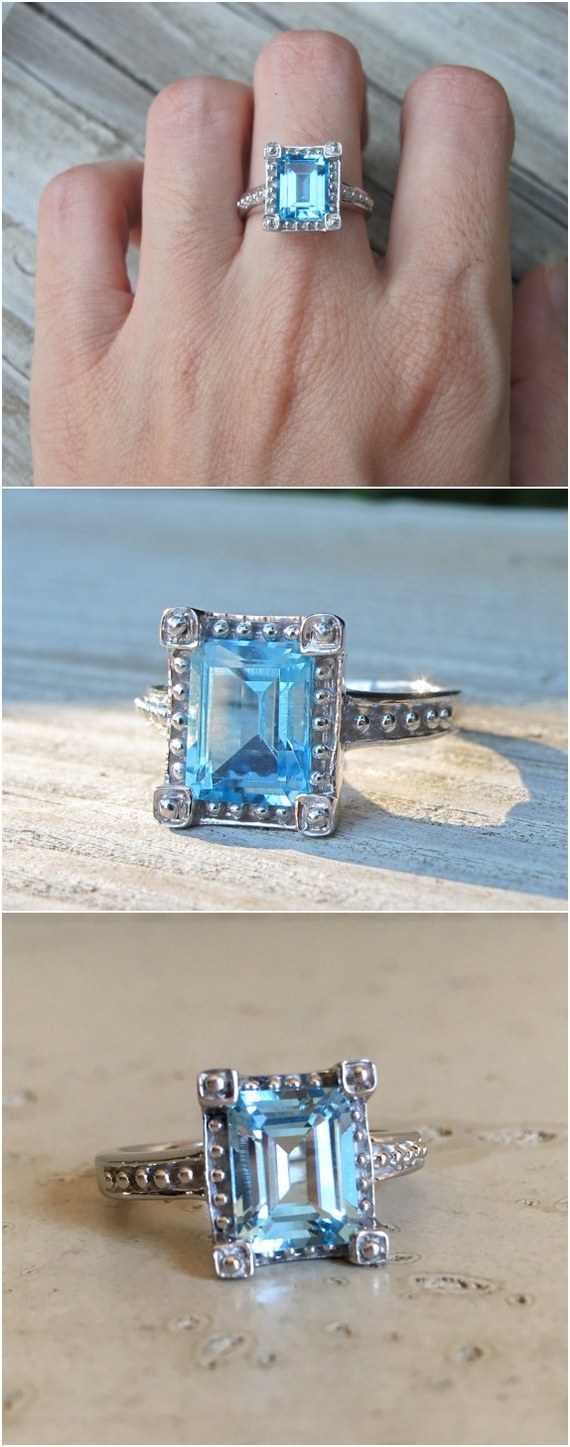 Blue Topaz Emerald Cut Engagement Ring
