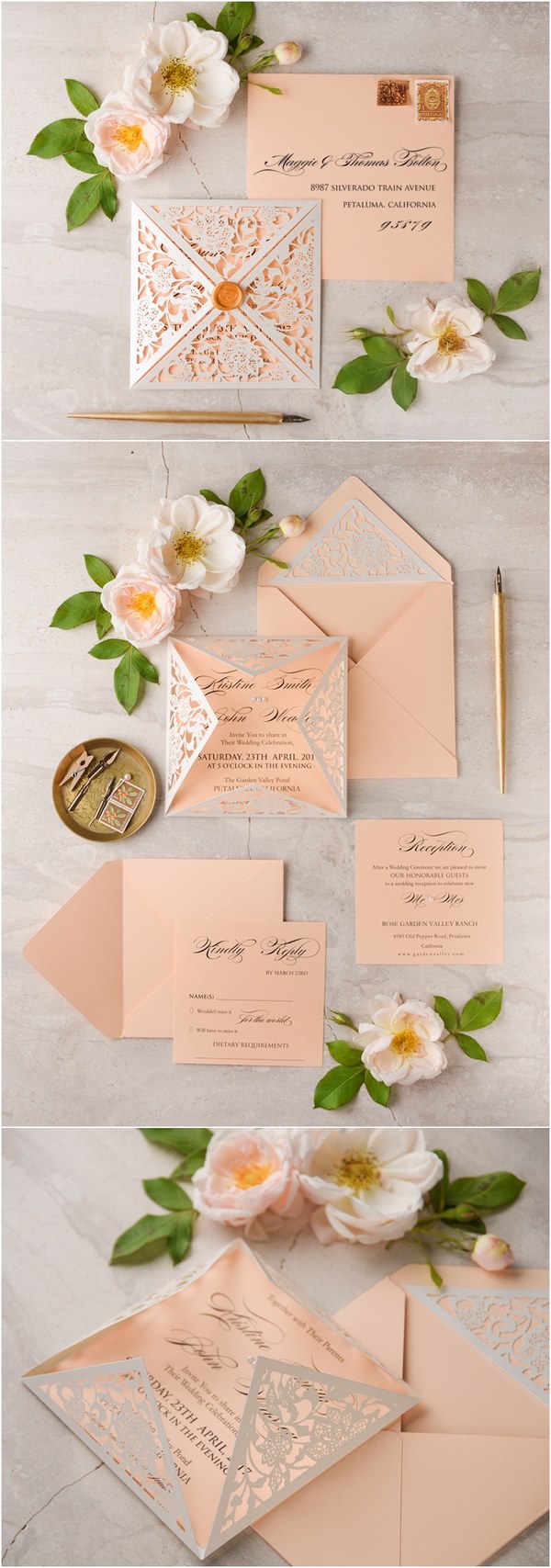 Blush and Ivory Laser Cut Wedding Invitations 12LcutGz