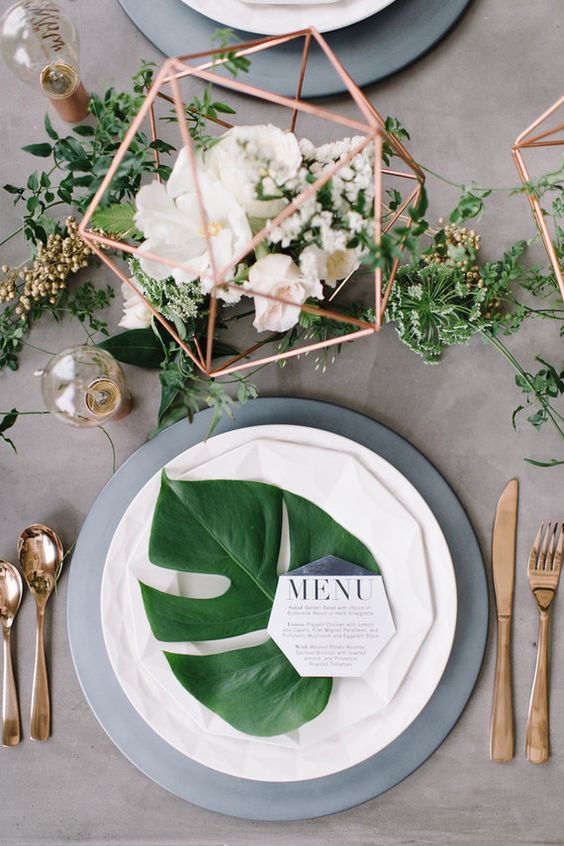 copper green industrial modern wedding place setting