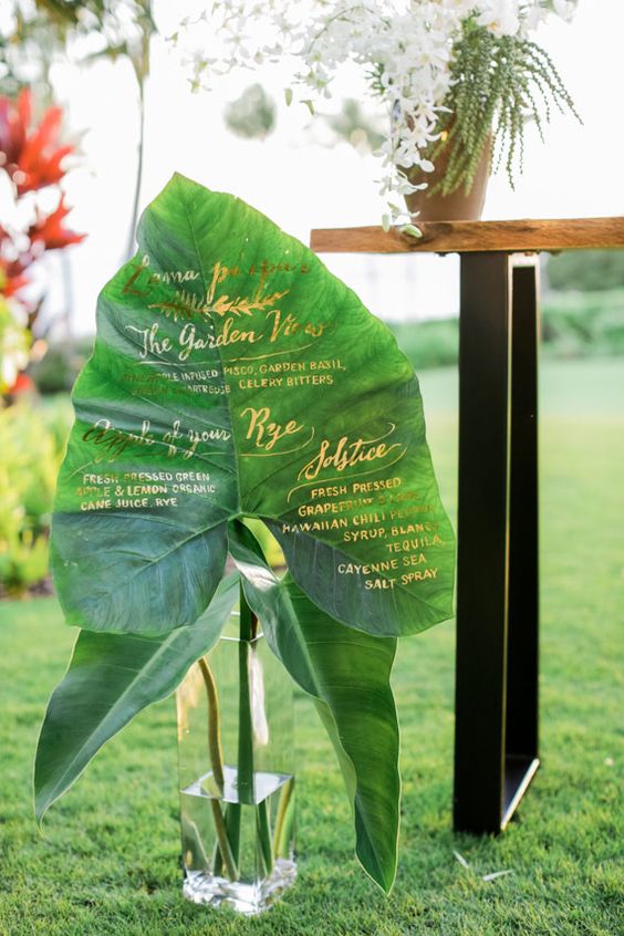 30 Tropical Leaf Greenery Wedding Decor Ideas 8 creative leaf menu via brandon kidd photography