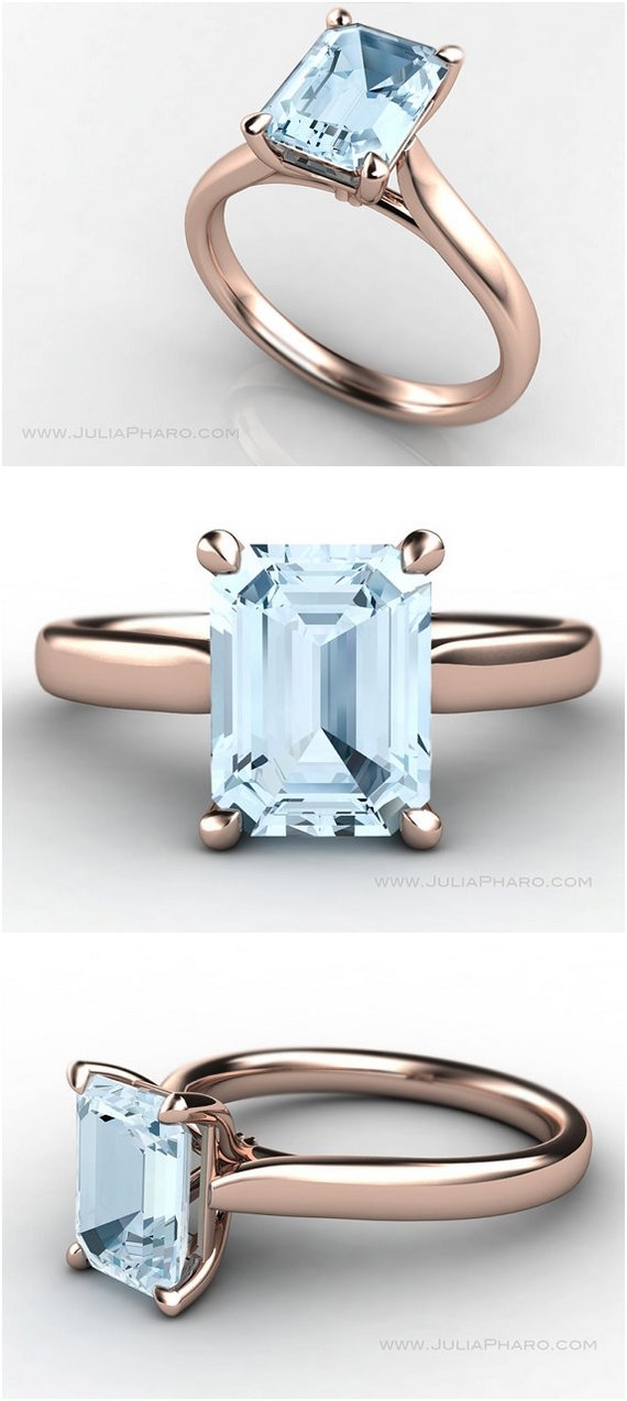 Emerald Cut Aquamarine 18K Rose Gold Solitaire Engagement Ring