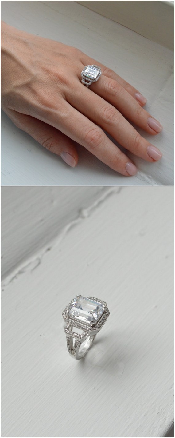 Emerald Cut Silver Engagement Ring