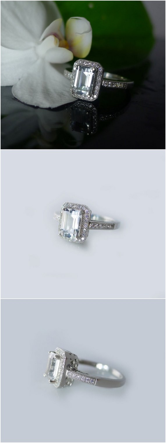 Emerald Cut Silver Halo Engagement Ring