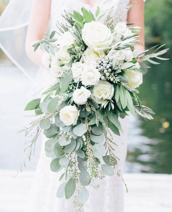 eucalyptus berries and white rose cascading bouquet via corbin gurkin photography